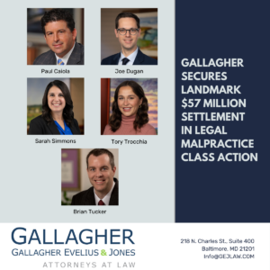 Graphic featuring the five Gallagher Evelius & Jones attorneys who played a key role in securing a class action settlement against the law firm of Peter Angelos
